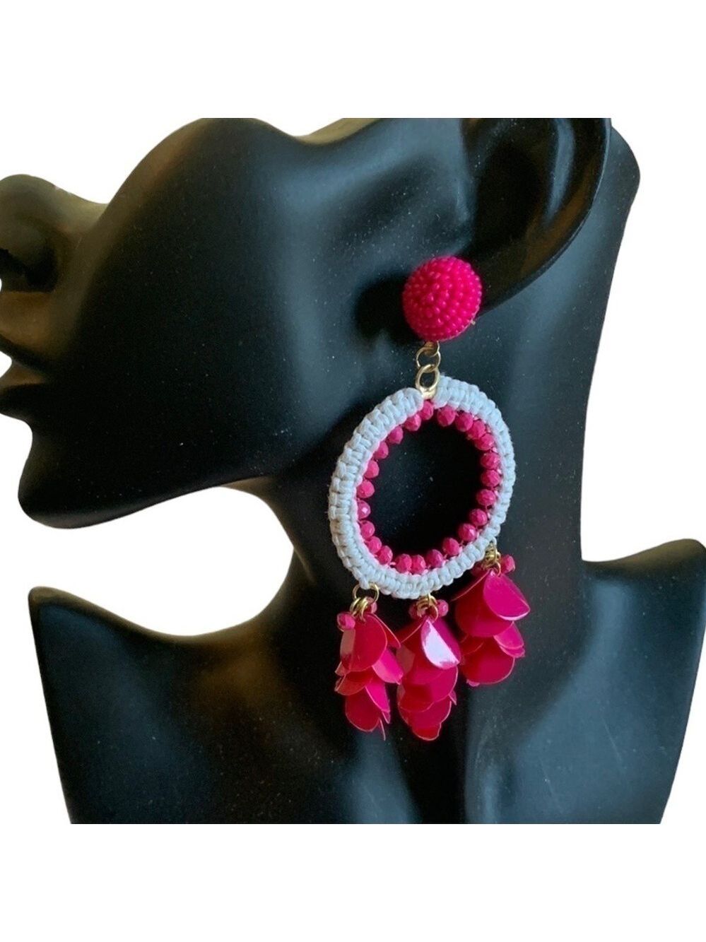 Natasha Hot Pink and White Beaded Drop Pierced Earrings Hoops with Stud Back